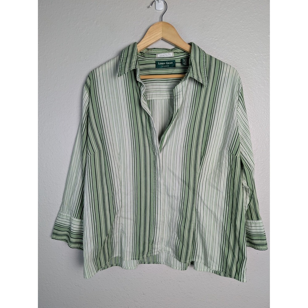 Lemon Grass Studio Blouse Womens XL Green Striped Collared 3/4 Sleeve Zip